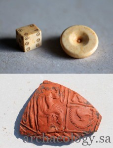 Upper image: gaming piece and dice made out of bone; the principle of the dice corresponds exactly to that one of modern dice. Lower image: a fragment of pottery dating to around 100 CE. Image credit: Thomas Maurer.