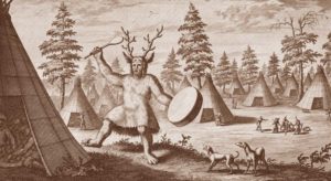 Depiction of an Evenki shaman wearing antler headdress (Witsen, 1785). Image credit: Aimée Little et al. 